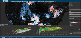 Image shows a screenshot of the USGS National Produced Waters Geochemical Database viewer, with colored circles marking the locations of the produced waters samples, with a key on the righthand side