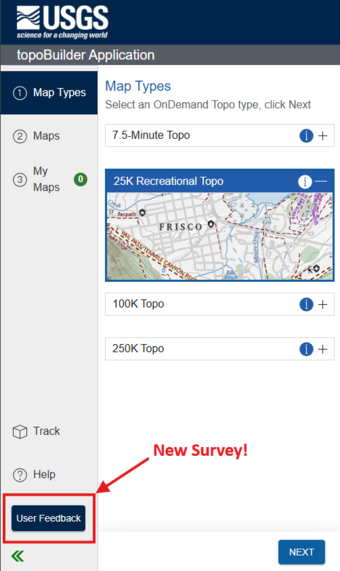 Text, arrow, and box indicating location of survey button in topoBuilder interface