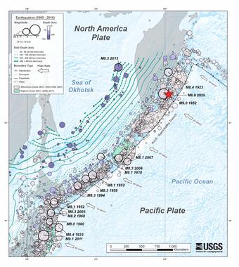 Seismicity map of the region surrounding the 2025 M8.8 earthquake 