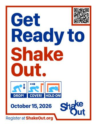 Color graphic with words and cartoons advertising an earthquake drill