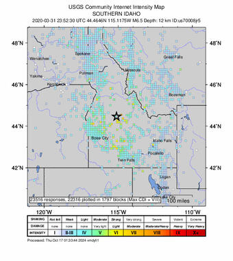 Map of Idaho and surrounding states with warm colors showing where Stanley earthquake was felt