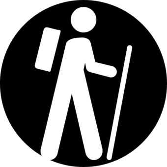 TNMCorps structure symbol for trailhead; white hiker with backpack and walking stick on a round black background