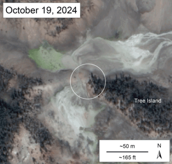 animated gif of satellite images showing development of a small hydrothermal pool between October 2024 and February 2025