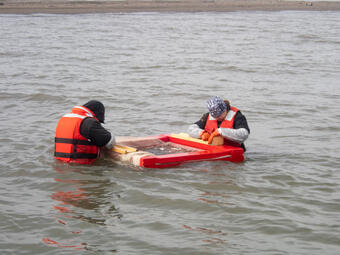 Two scientists in the water standing around a red floating net pen to measure and count fish from the Beaufort Sea, Alaska.
