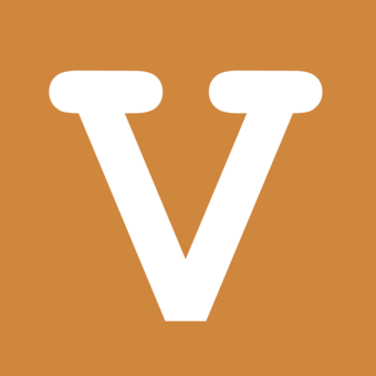White letter "V" inside a light brown square.