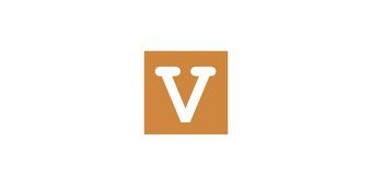 White letter "V" inside a light brown square.