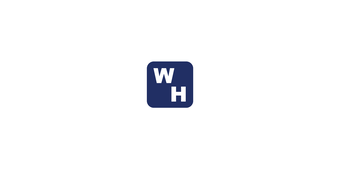 Dark blue, rounded square symbol with the letters "W" and "H" diagonally placed in a white font.