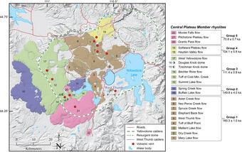 Map of Yellowstone caldera showing the locations and ages of the most recent rhyolite eruptions at Yellowstone, the Central Plateau Member rhyolites