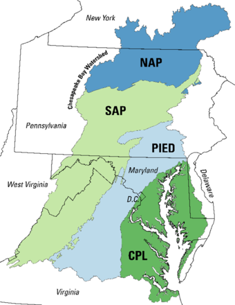 Map of US east coast showing four regions of Chesapeake Bay watershed