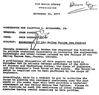 Kelly Barnes Dam Failure, request for technical assistance from Georgia Governor