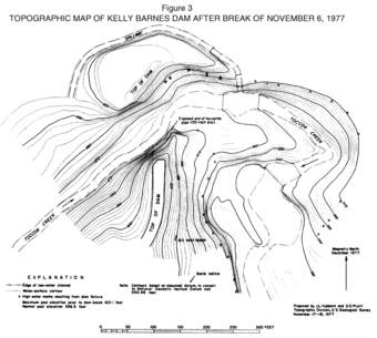 Topographic map of Kelly Barnes Dam after break of November 6, 1977