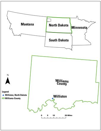 A map of the borders of several states above a map of the border of Williams County, North Dakota, with Williston marked