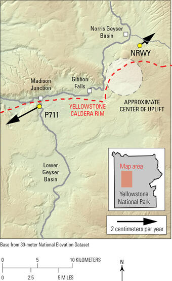 Shaded relief map of Madison Junction area of Yellowstone with arrows showing motion of GPS stations away from uplift source