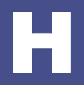White text on top of a blue square.
