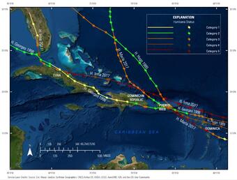 map of the path of various hurricanes in the Caribbean.