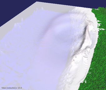 Animation showing moving tsunami waves after a hypothetical earthquake.