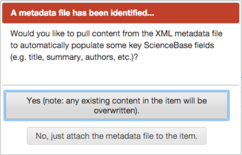 Screenshot of the menu that appears when a user uploads a metadata record to ScienceBase.