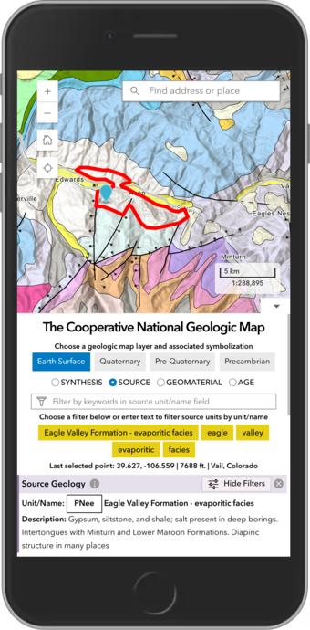A simulated picture of a smartphone showing the new USGS Cooperative National Geologic Map web tool