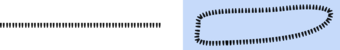 A dashed line with a double quotation mark character (") as the dash, shown on the left; shown in context on the right.