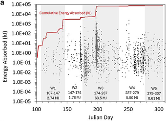 Red line with values that increase in jumps, jumps correspond to large numbers or large energy of earthquakes