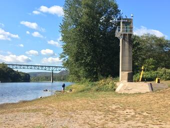 View of the Delaware River looking upstream towards the Gage house tower