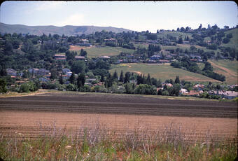 Photo of a fallow field with exurban development in the background