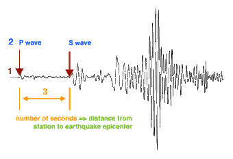 wiggly line with 3 seismic waves labeled