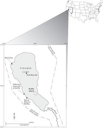 Map showing research sites at Pyramid Lake, NV, for the Aqueous Crystal Growth and Dissolution Kinetics project.