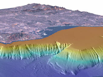 Computer illustration looking at the land and ocean with all of the water drained away, to show the undersea features.