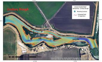 Map shows river channels in farmland with labels to show distance, latitude and longitude, and spots where data was collected.