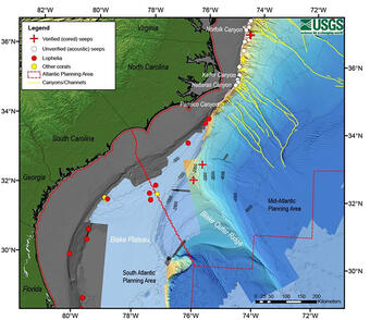 Map of offshore survey sites from Virginia to Georgia