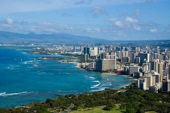 View from a grassy, vegetated hill looking down on a tropical beach with many tall buildings lining the coast.