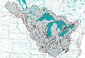 Figure showing the Mid-Continental SPARROW model study area, with monitoring sites identified.