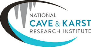 Blue and grey logo; a large open C forming a generalized cave with stalactites; reads National Cave and Karst Research Institute