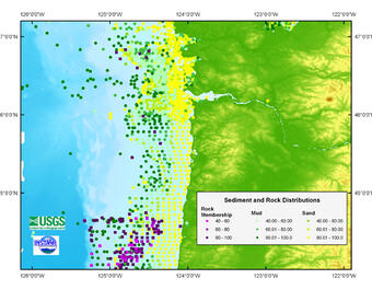 Map of coastline and dots plotted offshore show where sediment and rock samples were collected and their compositions.