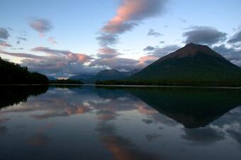 Reflections of Tanalian Mountain and Hardenburg Bay in Lake Clark, Alaska
