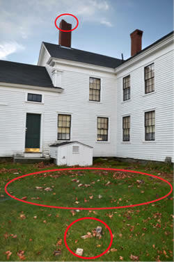 Damaged chimney and brick debris at the Taylor-Frey-Leavitt House Museum in East Waterboro, Maine.