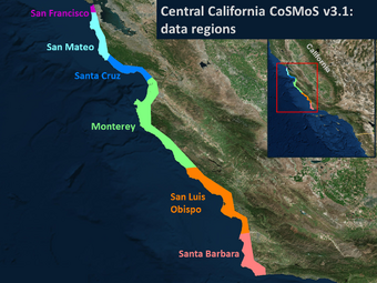 Map of a western coastline with stretches of the coast labeled to identify data set regions.