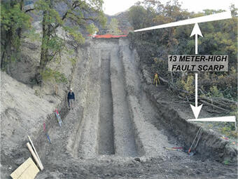 A typical, benched paleoseismic trench exposure across the Wasatch fault scarp.