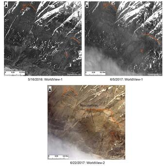 WorldView images from 5/16/16, 6/5/17, and 6/22/17 (DigitalGlobe, Inc.) showing the area of the Nuugaatsiaq Landslide.