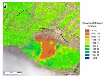 Elevation difference between 6/5/17 and 6/22/17 in the area of the Nuugaatsiaq landslide