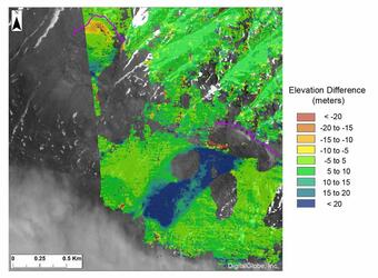 Elevation difference between 5/12/15 and 6/5/17 in the area of the Nuugaatsiaq landslide.