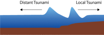 Cross sectional illustration used to show how a tsunami wave splits and goes in opposite directions.