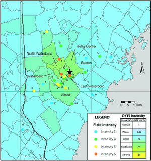 Map showing haking intensities as recorded in resident interviews (colored circles), in comparison with the Did You Feel It?