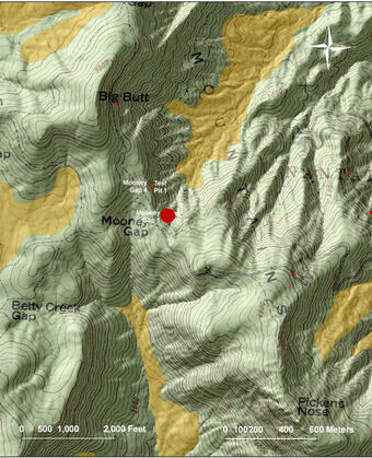 Topographic map of the area the monitoring station is located at Mooney Gap