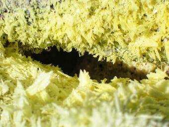 Color photograph of yellow native sulfur crystals