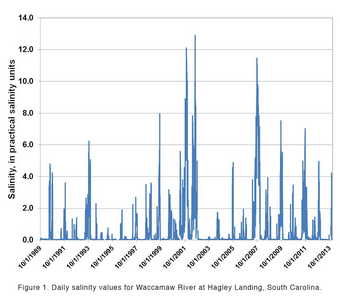 Chart showing daily salinity values, Waccamaw River at Hagley Landing, SC