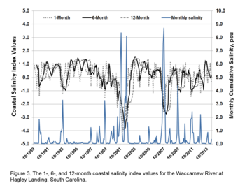  1-, 3-, 6-, 9-, and12-month standardized salinity values for Waccamaw River at Hagley Landing, SC