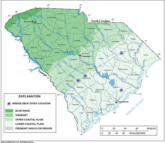 Map showing bridge deck study locations, Lynches River at Effingham, SC (USGS station 02132000), North Fork Edisto River at Oran