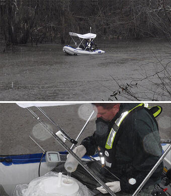 (Top Photo) Water quality sampling during a storm event and (Bottom photo) compositing water quality sample into churn during a 